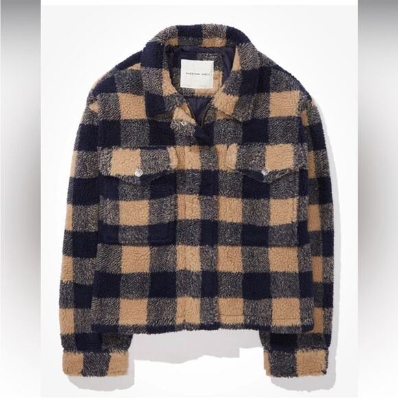 American Eagle Plaid Print Sherpa Zip Up Jacket Size L - Picture 1 of 13